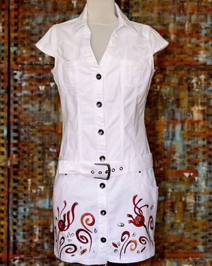 Rochie denim alba, pictata manual, unicat