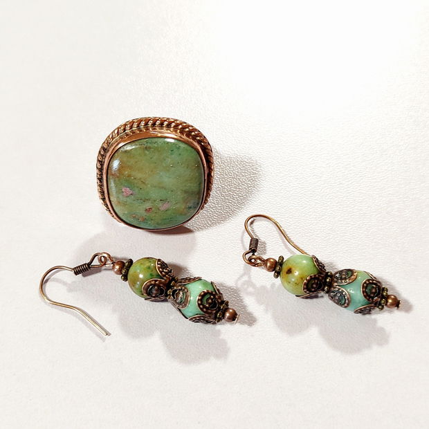 Set inel si cercei cu Ruby in Fuchsite si cupru, unicat