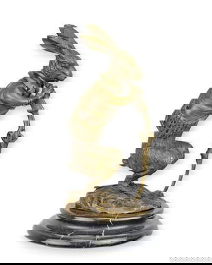 Iepurele vanator-statueta din bronz cu un soclu din marmura