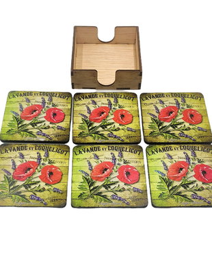 Set sase suporti pahare din mdf de 9 x 9 cm, cu cutie, design vintage cu lavanda si maci