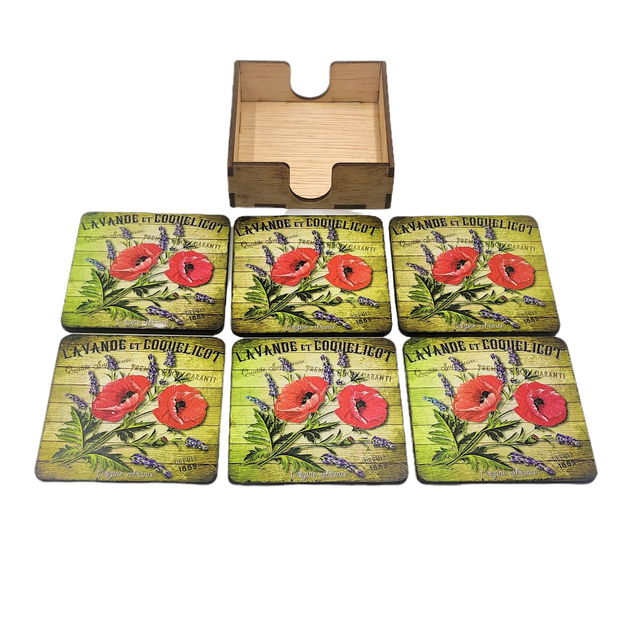 Set sase suporti pahare din mdf de 9 x 9 cm, cu cutie, design vintage cu lavanda si maci