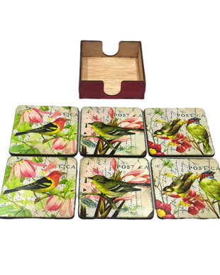 Set sase suporti pahare din mdf de 9 x 9 cm, design vintage cu pasari si cutie depozitare