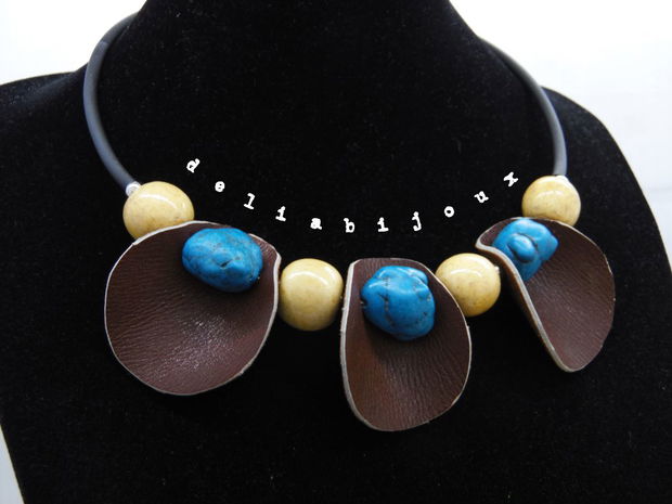 Colier statement handmade unicat- piele, lemn, howlite (cod1050)