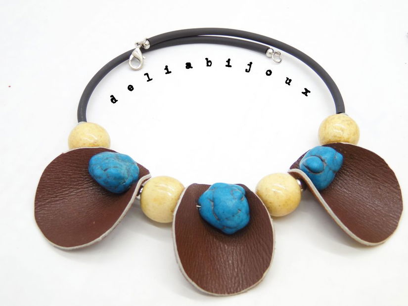 Colier statement handmade unicat- piele, lemn, howlite (cod1050)