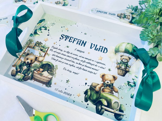 Set aniversar personalizat 1 anisor - Teddy Boy - Tavita mot si accesorii