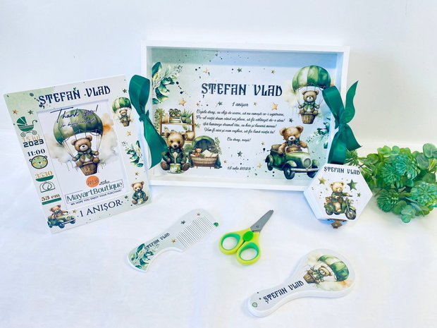 Set aniversar personalizat 1 anisor - Teddy Boy - Tavita mot si accesorii