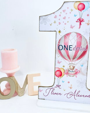 Cifra 1 Personalizata - Teddy Girl in Air Balloon