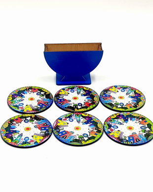 Set 6 suporti rotunzi de pahare de 9 cm si cutie de depozitare, orasel de poveste albastru