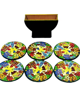 Set 6 suporti rotunzi de pahare de 9 cm si cutie depozitare, orasel de poveste verde