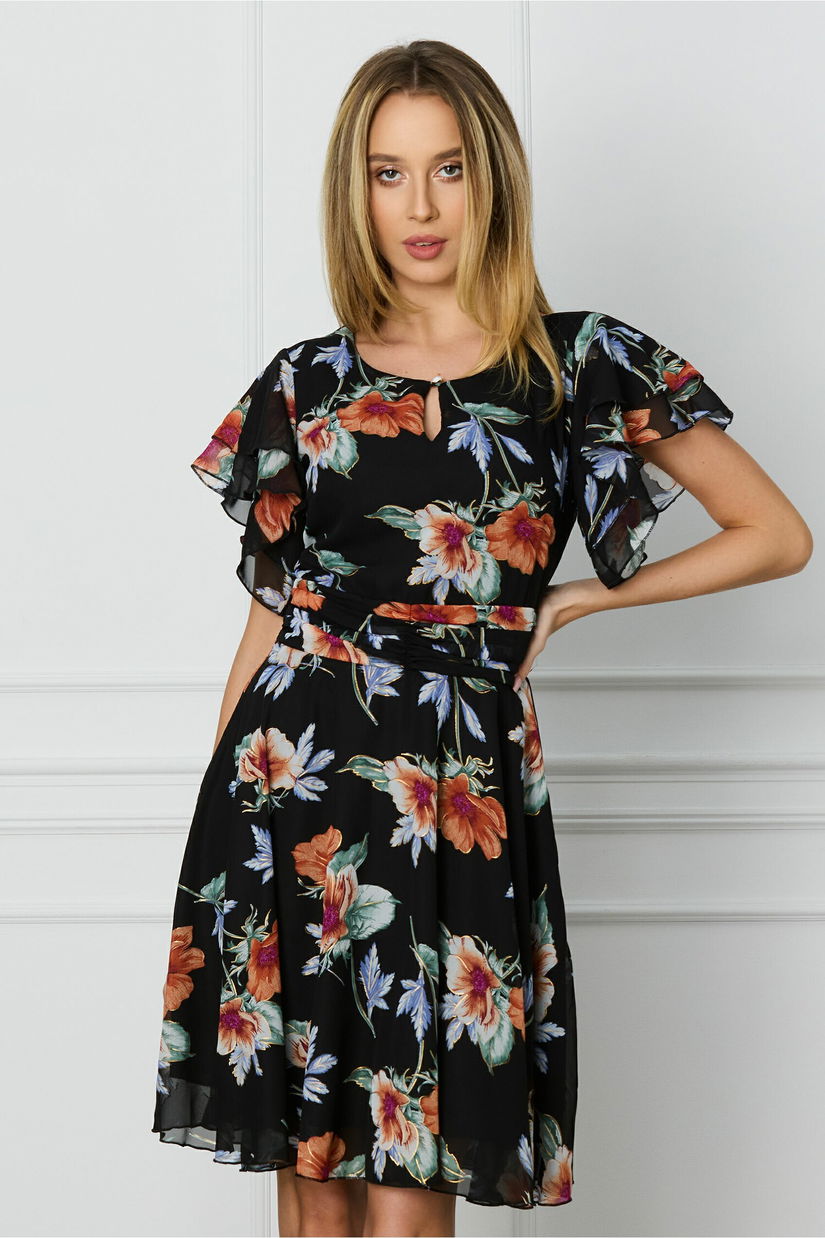 Rochie DY Fashion neagra cu imprimeuri florale corai