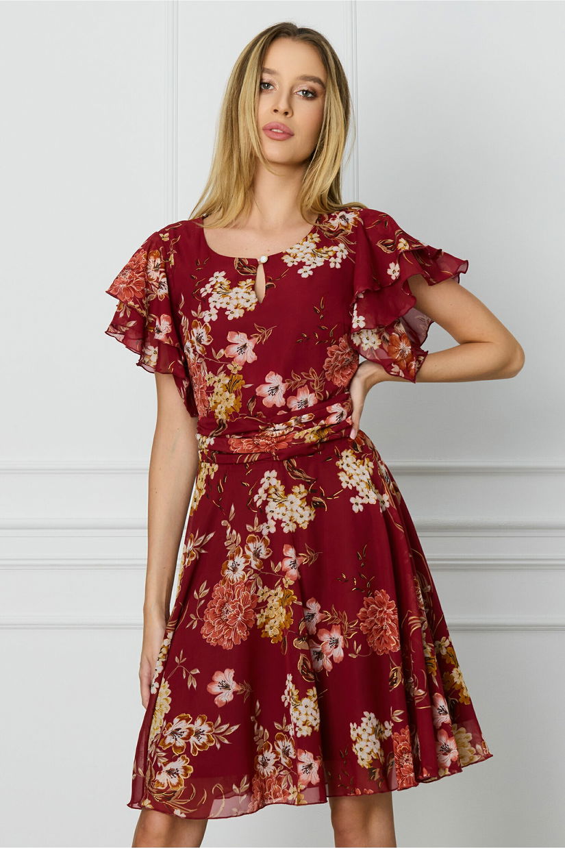 Rochie DY Fashion bordo cu imprimeuri florale corai