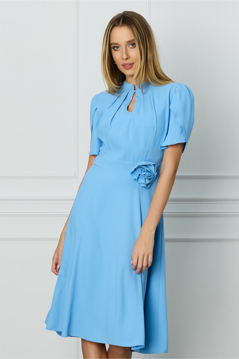 Rochie DY Fashion bleu cu maneci lalea si trandafir in talie