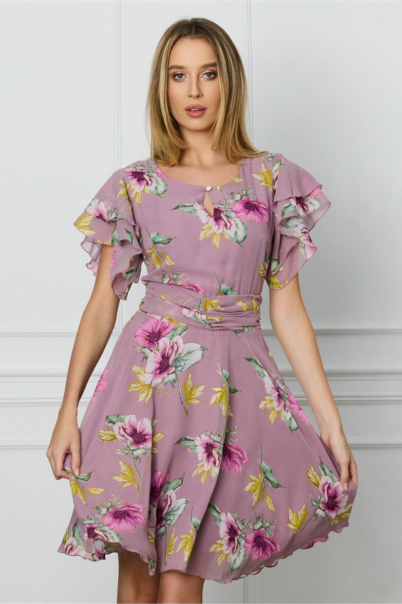 Rochie DY Fashion lila cu imprimeuri florale roz