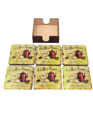 Set sase suporturi pahare 9 x 9 cm, design vintage cu inscriptia Coffee time si cutie depozitare