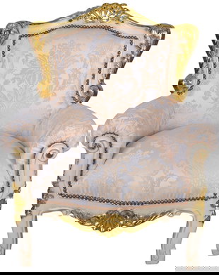 Fotoliu baroc din lemn masiv alb cu tapiterie argintie