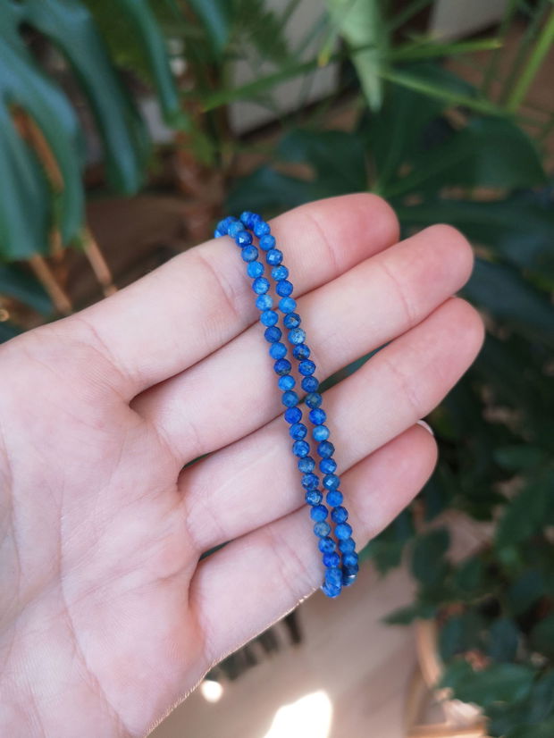 Colier din lapis lazuli natural, sfere fațetate 3.5 mm, cu încuietoare și lanț de prelungire din argint