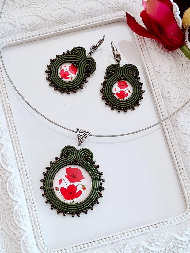 Set soutache oliv cu maci