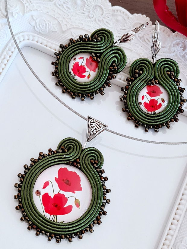 Set soutache oliv cu maci