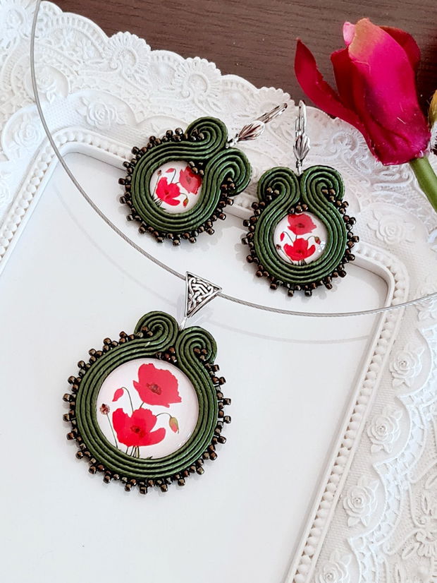 Set soutache oliv cu maci