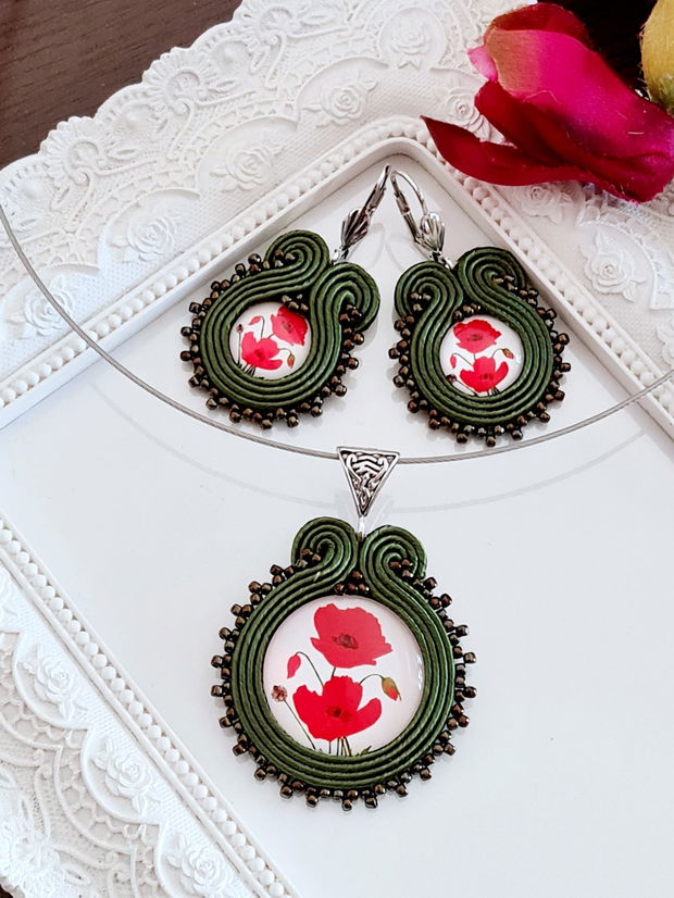 Set soutache oliv cu maci