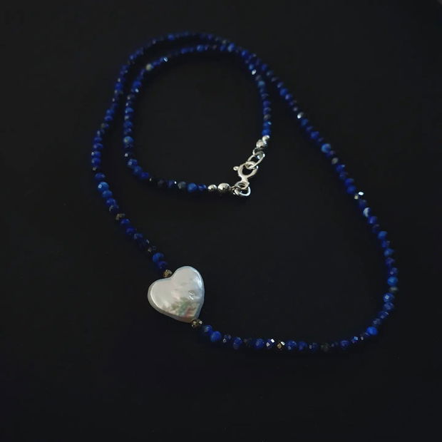 Colier lapis lazuli si perla naturala