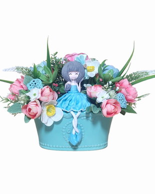 Aranjament floral roz bleu in vas ceramic turcoaz, 30 x 23 cm, unicat