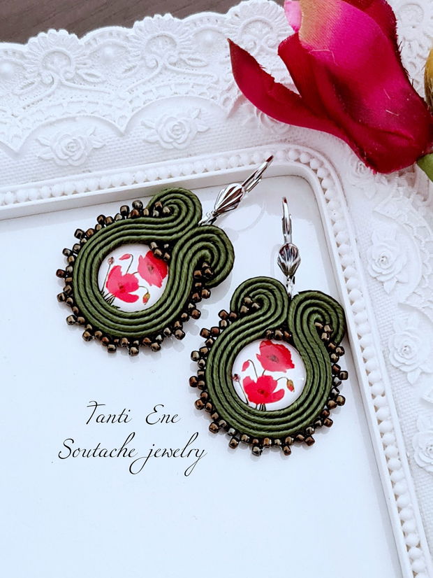 Cercei soutache oliv cu maci