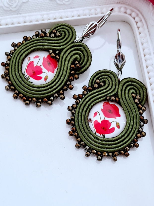 Cercei soutache oliv cu maci