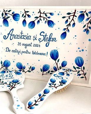 Set Tava Mireasa pictat cu flori albastre