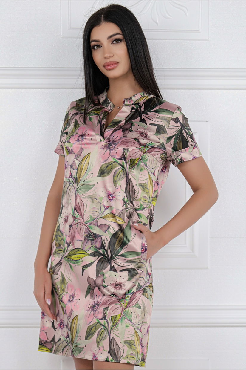 Rochie MBG roz cu imprimeu floral din satin