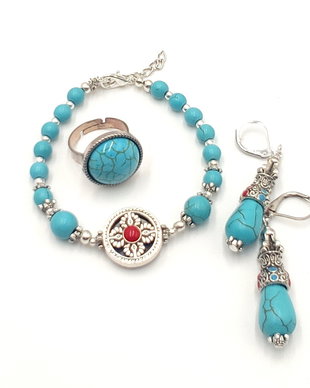 Set bratara, inel si cercei cu howlite albastru cu accente rosii, 3975