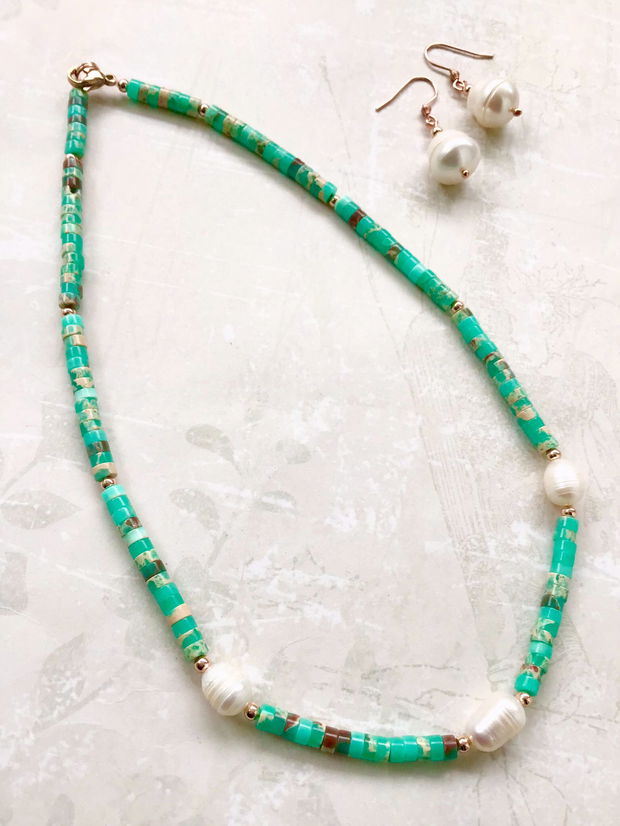 Colier CHOKER Jasp imperial verde & perle albe de cultură