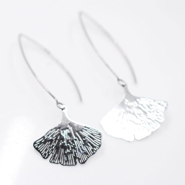 Cercei din inox  frunze ginkgo biloba, cercei lungi, cercei statement, cercei handmade