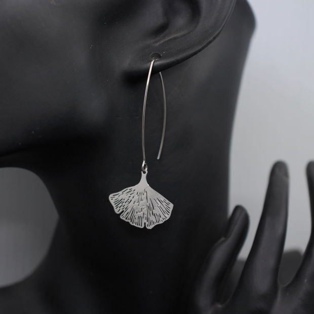 Cercei din inox  frunze ginkgo biloba, cercei lungi, cercei statement, cercei handmade