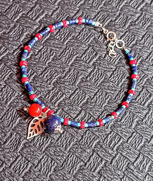 Bratara argint lapis lazuli coral turcoaz reconstruit heishi disc charm minimalist boho chic trendy - Transport gratuit