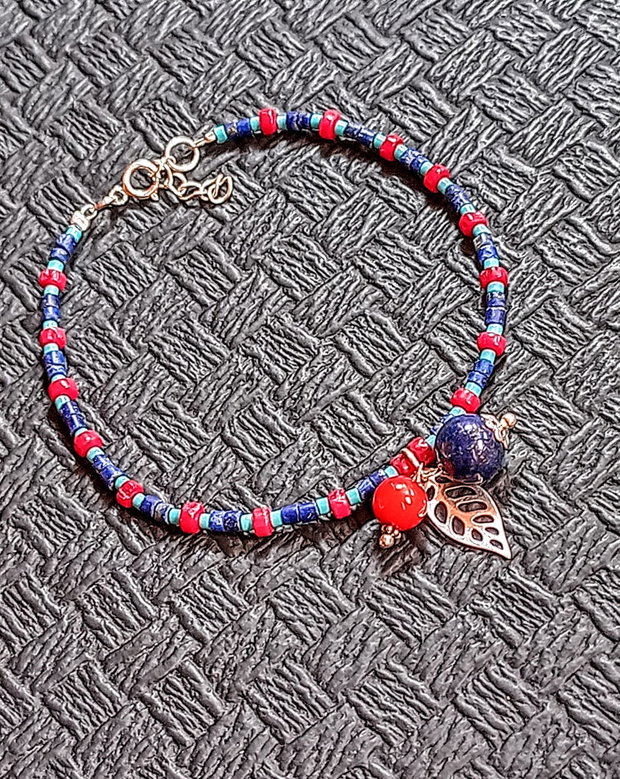 Bratara argint lapis lazuli coral turcoaz reconstruit heishi disc charm minimalist boho chic trendy - Transport gratuit