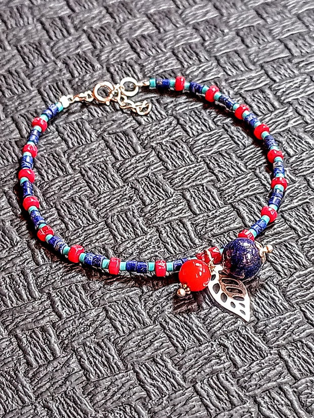 Bratara argint lapis lazuli coral turcoaz reconstruit heishi disc charm minimalist boho chic trendy - Transport gratuit