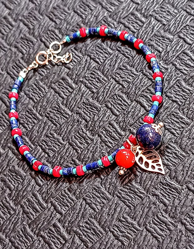 Bratara argint lapis lazuli coral turcoaz reconstruit heishi disc charm minimalist boho chic trendy - Transport gratuit