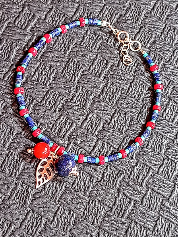 Bratara argint lapis lazuli coral turcoaz reconstruit heishi disc charm minimalist boho chic trendy - Transport gratuit