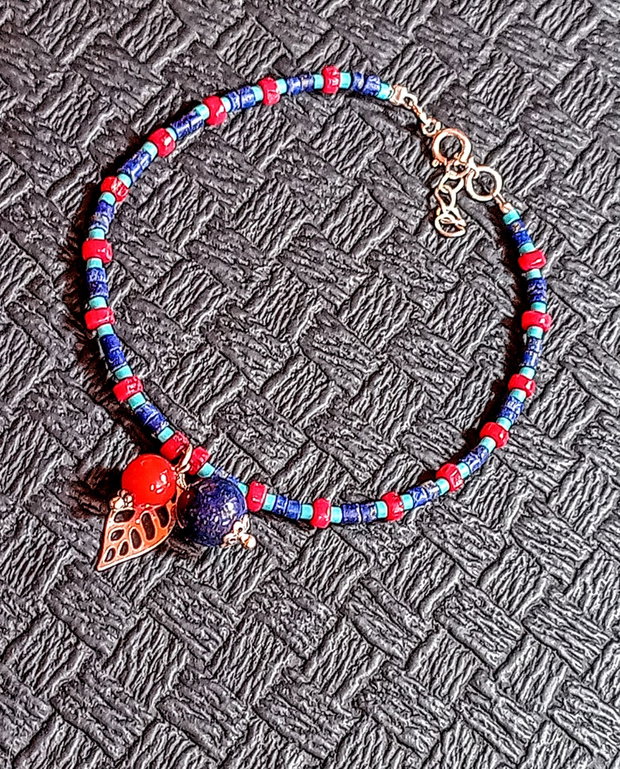 Bratara argint lapis lazuli coral turcoaz reconstruit heishi disc charm minimalist boho chic trendy - Transport gratuit