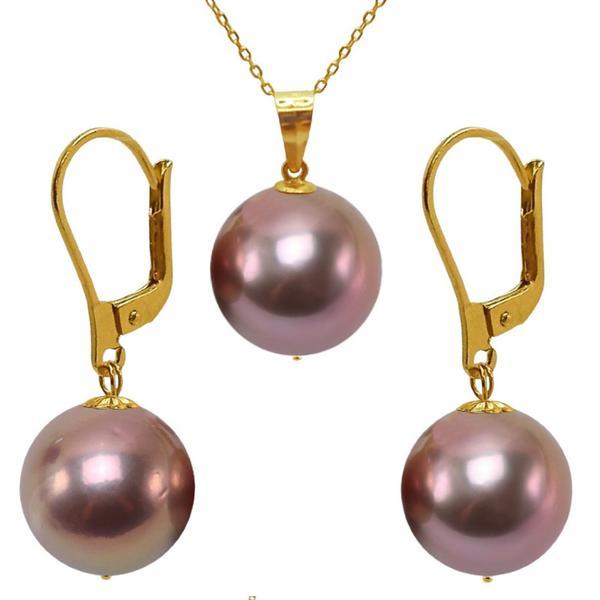 Set Colier cu Pandantiv si Cercei Perle Naturale Edison Lavanda AAA, Perle Rare de 12-12,5 mm si Aur Galben de 14k, Kaskadda