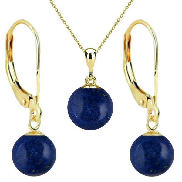 Set Aur 14 karate, Colier cu Pandantiv si Cercei cu Tortita Inchisa cu Pietre Semipretioase Naturale de Lapis Lazuli de 8 mm, Kaskadda