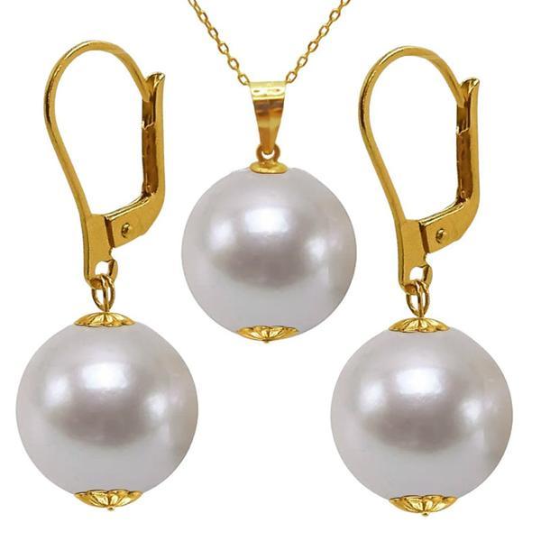 Set Colier cu Pandantiv si Cercei cu Perle Naturale Edison Able, AAA, Perle Rare de 12,5 &ndash; 13 mm si Aur Galben de 14k, Kaskadda