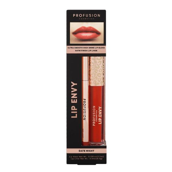 Set Luciu de Buze Ultra Neted si Lucios &amp; Creion pentru Buze cu Finish Satinat - Profusion Cosmetics Lip Envy Date Night, 1 pachet