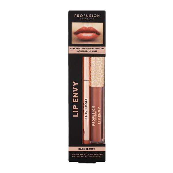 Set Luciu de Buze Ultra Neted si Lucios &amp; Creion pentru Buze cu Finish Satinat - Profusion Cosmetics Lip Envy Bare Beauty, 1 pachet