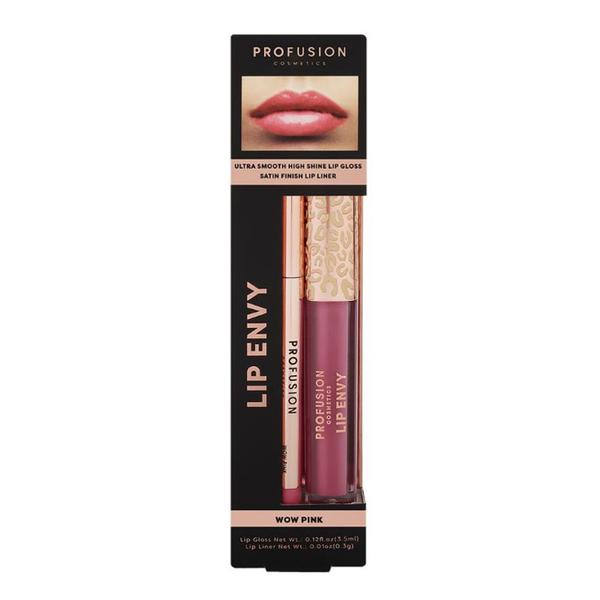 Set Luciu de Buze Ultra Neted si Lucios &amp; Creion pentru Buze cu Finish Satinat - Profusion Cosmetics Lip Envy Wow Pink, 1 pachet