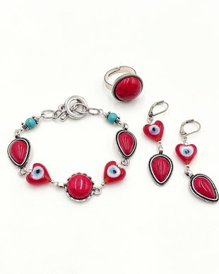 Set bratara, inel si cercei cu howlite rosu si accente albastre, 3976