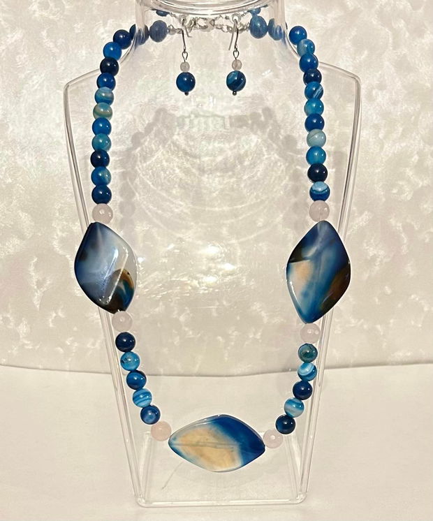 Set agate striped albastre și cuarț roz