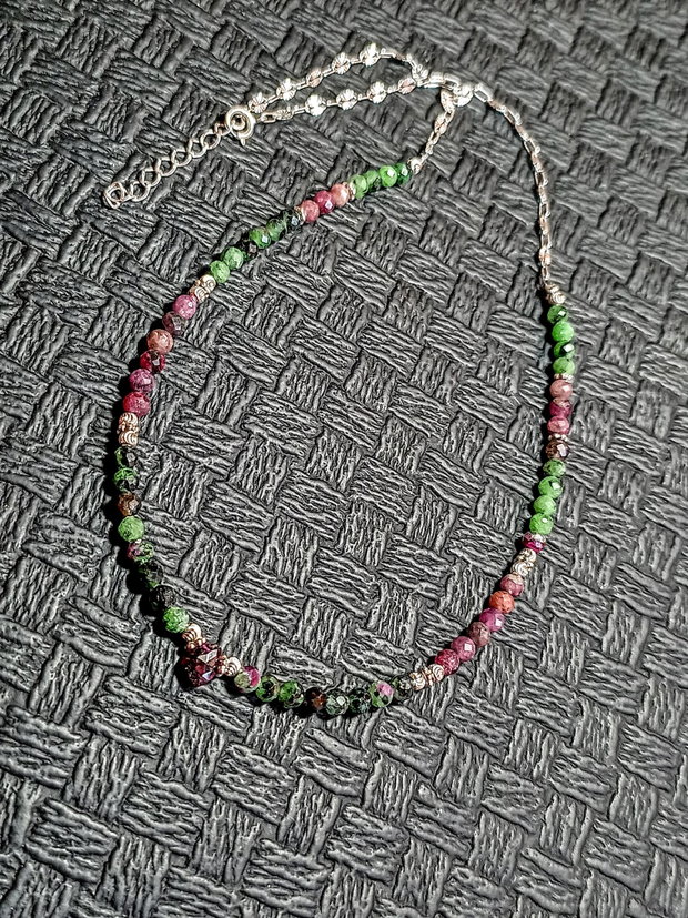 Colier argint rubin in zoisit rubelit turmalina rosie brioleta lant argint minimalist boho chic trendy cadou - Transport gratuit