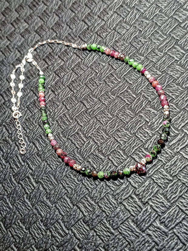 Colier argint rubin in zoisit rubelit turmalina rosie brioleta lant argint minimalist boho chic trendy cadou - Transport gratuit